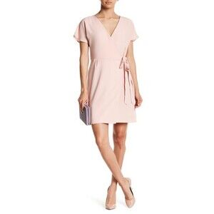 Bobeau Short Sleeve Crepe Wrap Dress In Blush Size S $119